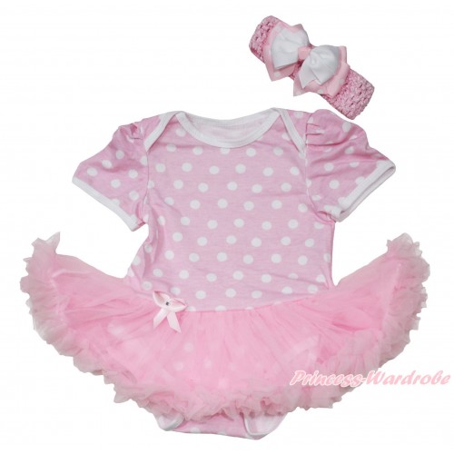 Light Pink White Polka Dots Baby Jumpsuit Light Pink Pettiskirt With Light Pink Headband White & Light Pink White Dots Ribbon Bow JS181 