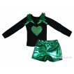 St Patrick's Day Black Tank Top Kelly Green Ruffles & Bows & Sparkle Kelly Green Heart Print & Bling Green Shiny Girls Pantie Set MG2894