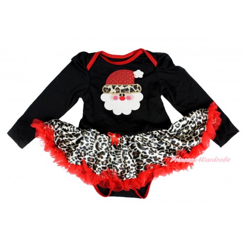 Xmas Black Long Sleeve Bodysuit Leopard Red Pettiskirt & Leopard Santa Claus Print JS3871