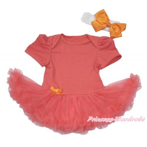  Coral Tangerine Baby Bodysuit Jumpsuit Coral Tangerine Pettiskirt With White Headband Orange Silk Bow JS3616 