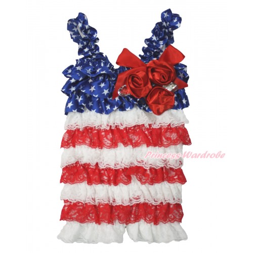 American's Birthday Patriotic American Star White Red Petti Romper with Red Bow & Straps & Bunch of Red Satin Rosettes & Crystal LR187 