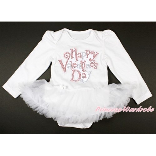 Valentine's Day White Long Sleeve Baby Bodysuit Jumpsuit White Pettiskirt With Sparkle Crystal Bling Rhinestone Happy Valentine's Day Print JS2860 