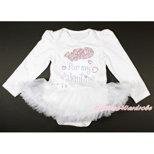 Valentine's Day White Long Sleeve Baby Bodysuit Jumpsuit White Pettiskirt With Sparkle Crystal Bling Rhinestone Wild for my Valentine Print JS2861 