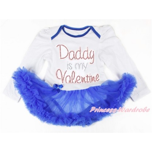 Valentine's Day White Long Sleeve Baby Bodysuit Jumpsuit Royal Blue Pettiskirt With Sparkle Crystal Bling Rhinestone Daddy is my Valentine Print JS2862 