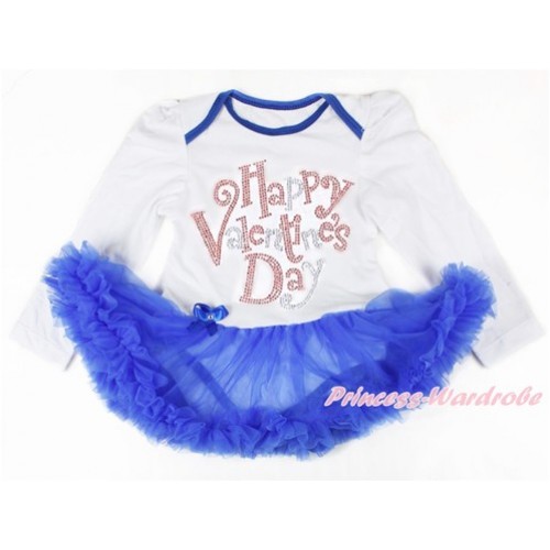 Valentine's Day White Long Sleeve Baby Bodysuit Jumpsuit Royal Blue Pettiskirt With Sparkle Crystal Bling Rhinestone Happy Valentine's Day Print JS2863 