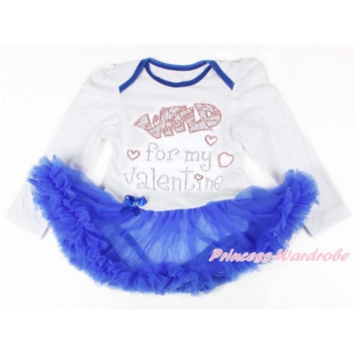 Valentine's Day White Long Sleeve Baby Bodysuit Jumpsuit Royal Blue Pettiskirt With Sparkle Crystal Bling Rhinestone Wild for my Valentine Print JS2864 