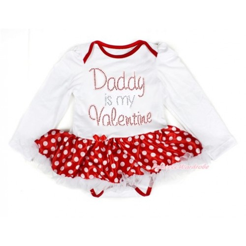 Valentine's Day White Long Sleeve Baby Bodysuit Jumpsuit Minnie Dots White Pettiskirt With Sparkle Crystal Bling Rhinestone Daddy is my Valentine Print JS2865 