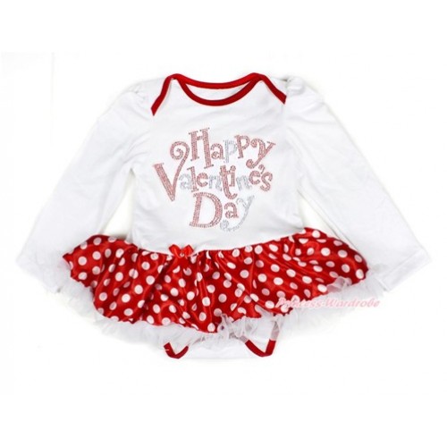 Valentine's Day White Long Sleeve Baby Bodysuit Jumpsuit Minnie Dots White Pettiskirt With Sparkle Crystal Bling Rhinestone Happy Valentine's Day Print JS2866 