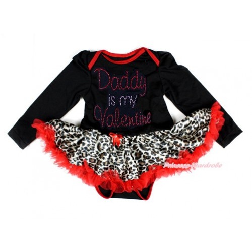 Valentine's Day Black Long Sleeve Baby Bodysuit Jumpsuit Leopard Red Pettiskirt With Sparkle Crystal Bling Rhinestone Daddy is My Valentine Print JS2870 