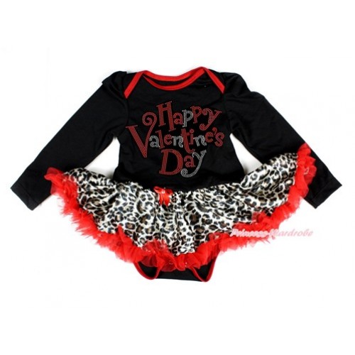 Valentine's Day Black Long Sleeve Baby Bodysuit Jumpsuit Leopard Red Pettiskirt With Sparkle Crystal Bling Rhinestone Happy Valentine's Day Print JS2871 