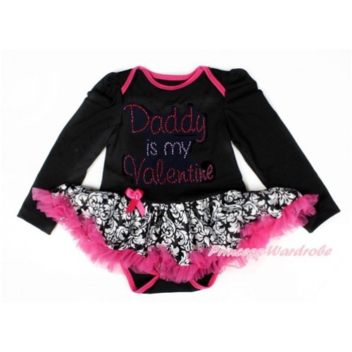 Valentine's Day Black Long Sleeve Baby Bodysuit Jumpsuit Damask Hot Pink Pettiskirt With Sparkle Crystal Bling Rhinestone Daddy is my Valentine Print JS2873 