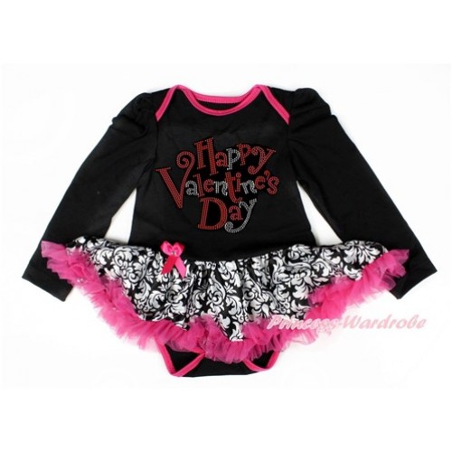 Valentine's Day Black Long Sleeve Baby Bodysuit Jumpsuit Damask Hot Pink Pettiskirt With Sparkle Crystal Bling Rhinestone Happy Valentine's Day Print JS2874 