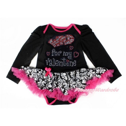 Valentine's Day Black Long Sleeve Baby Bodysuit Jumpsuit Damask Hot Pink Pettiskirt With Sparkle Crystal Bling Rhinestone Wild for my Valentine Print JS2875 