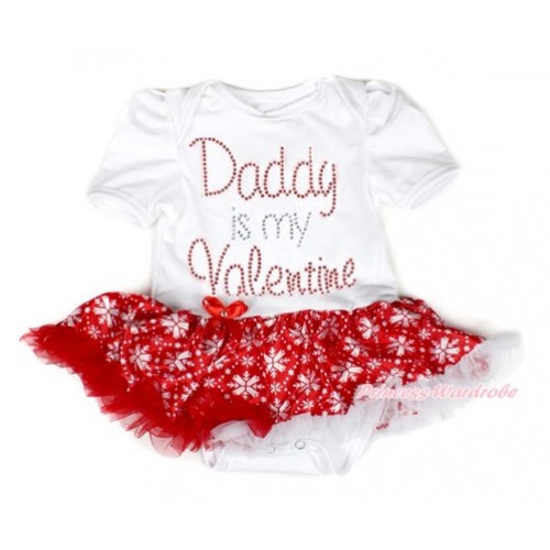 Valentine's Day White Baby Bodysuit Jumpsuit Red Snowflakes Pettiskirt with Sparkle Crystal Bling Rhinestone Daddy is my Valentine Print JS2893 