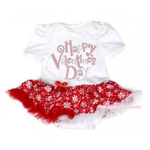 Valentine's Day White Baby Bodysuit Jumpsuit Red Snowflakes Pettiskirt with Sparkle Crystal Bling Rhinestone Happy Valentine's Day Print JS2894 