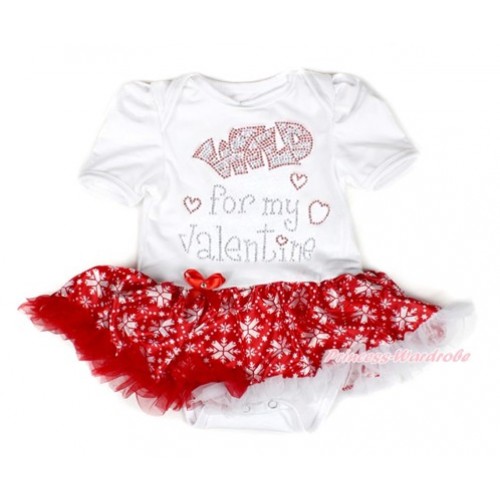 Valentine's Day White Baby Bodysuit Jumpsuit Red Snowflakes Pettiskirt with Sparkle Crystal Bling Rhinestone Wild for my Valentine Print JS2895 