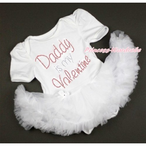 Valentine's Day White Baby Bodysuit Jumpsuit White Pettiskirt with Sparkle Crystal Bling Rhinestone Daddy is my Valentine Print JS2900 