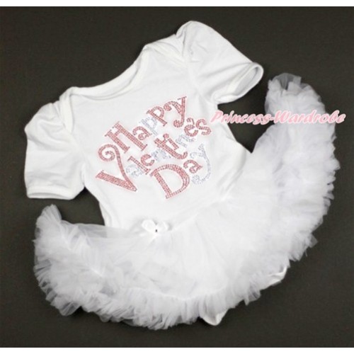 Valentine's Day White Baby Bodysuit Jumpsuit White Pettiskirt with Sparkle Crystal Bling Rhinestone Happy Valentine's Day Print JS2901 