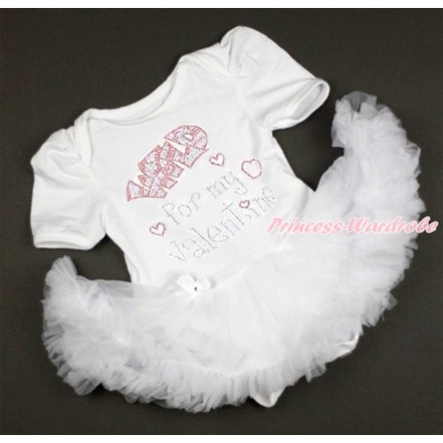 Valentine's Day White Baby Bodysuit Jumpsuit White Pettiskirt with Sparkle Crystal Bling Rhinestone Wild for my Valentine Print JS2902 