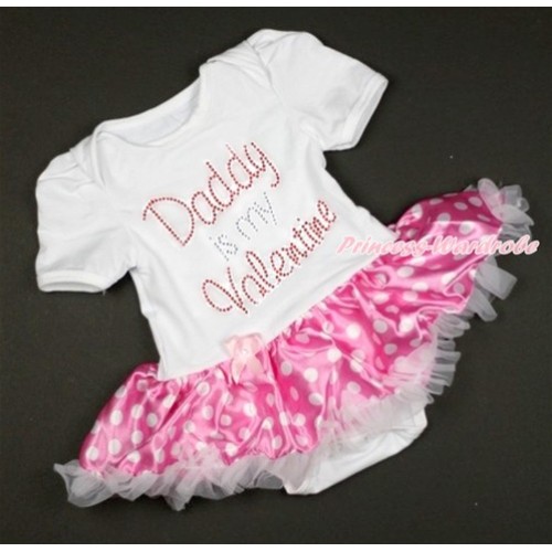 Valentine's Day White Baby Bodysuit Jumpsuit Hot Pink White Dots Pettiskirt with Sparkle Crystal Bling Rhinestone Daddy is my Valentine Print JS2903 