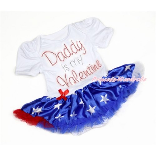 Valentine's Day White Baby Bodysuit Jumpsuit Patriotic America Star Pettiskirt with Sparkle Crystal Bling Rhinestone Daddy is my Valentine Print JS2907 