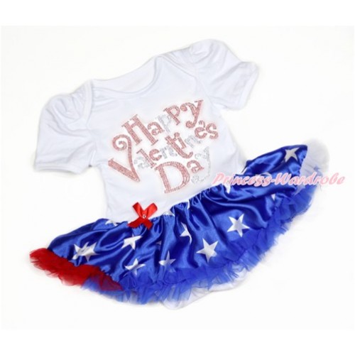 Valentine's Day White Baby Bodysuit Jumpsuit Patriotic America Star Pettiskirt with Sparkle Crystal Bling Rhinestone Happy Valentine's Day Print JS2908 