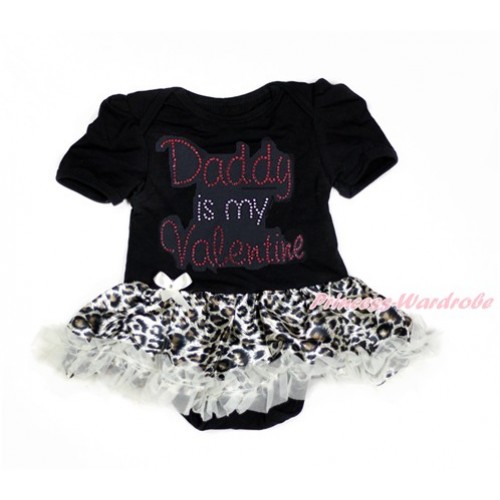 Valentine's Day Black Baby Bodysuit Jumpsuit Cream White Leopard Pettiskirt with Sparkle Crystal Bling Rhinestone Daddy is my Valentine Print JS2912 