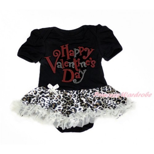 Valentine's Day Black Baby Bodysuit Jumpsuit Cream White Leopard Pettiskirt with Sparkle Crystal Bling Rhinestone Happy Valentine's Day Print JS2913 