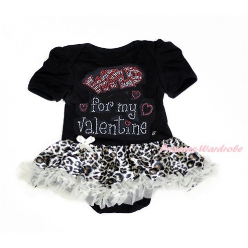 Valentine's Day Black Baby Bodysuit Jumpsuit Cream White Leopard Pettiskirt with Sparkle Crystal Bling Rhinestone Wild for my Valentine Print JS2914 