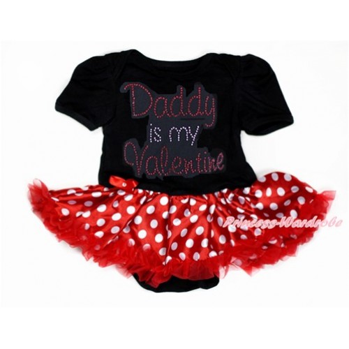 Valentine's Day Black Baby Bodysuit Jumpsuit Minnie Dots Pettiskirt with Sparkle Crystal Bling Rhinestone Daddy is my Valentine Print JS2915 