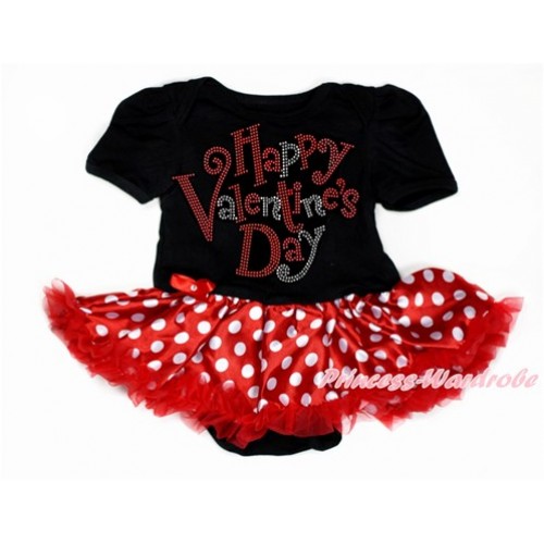 Valentine's Day Black Baby Bodysuit Jumpsuit Minnie Dots Pettiskirt with Sparkle Crystal Bling Rhinestone Happy Valentine's Day Print JS2916 