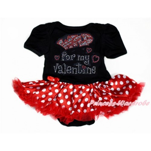 Valentine's Day Black Baby Bodysuit Jumpsuit Minnie Dots Pettiskirt with Sparkle Crystal Bling Rhinestone Wild for my Valentine Print JS2917 