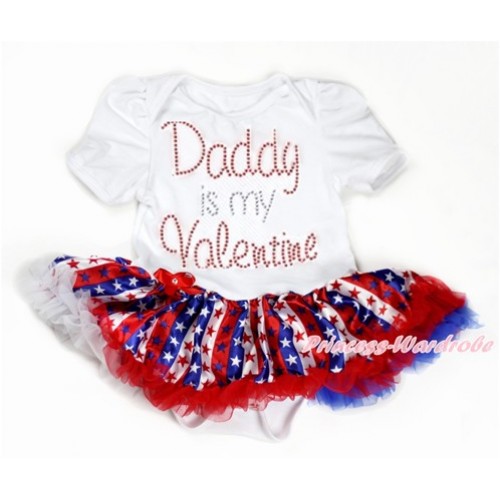 Valentine's Day White Baby Bodysuit Jumpsuit Red White Royal Blue Striped Stars Pettiskirt with Sparkle Crystal Bling Rhinestone Daddy is my Valentine Print JS2921 