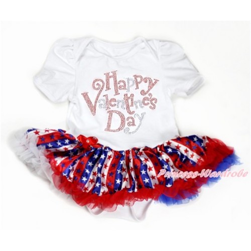 Valentine's Day White Baby Bodysuit Jumpsuit Red White Royal Blue Striped Stars Pettiskirt with Sparkle Crystal Bling Rhinestone Happy Valentine's Day Print JS2922 