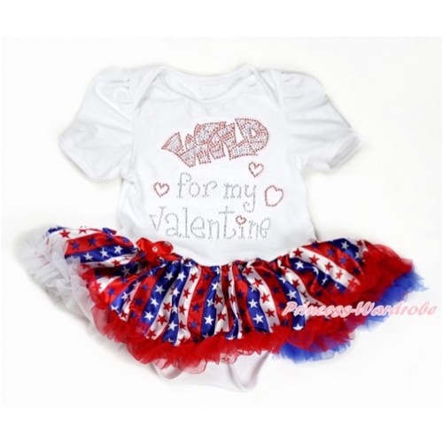 Valentine's Day White Baby Bodysuit Jumpsuit Red White Royal Blue Striped Stars Pettiskirt with Sparkle Crystal Bling Rhinestone Wild for my Valentine Print JS2923 