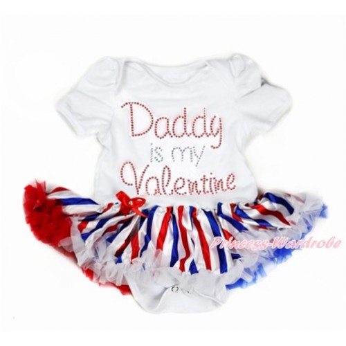 Valentine's Day White Baby Bodysuit Jumpsuit Red White Royal Blue Striped Pettiskirt with Sparkle Crystal Bling Rhinestone Daddy is my Valentine Print JS2924 