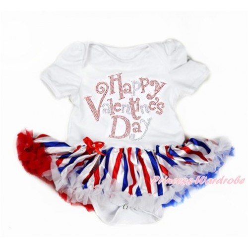 Valentine's Day White Baby Bodysuit Jumpsuit Red White Royal Blue Striped Pettiskirt with Sparkle Crystal Bling Rhinestone Happy Valentine's Day Print JS2925 