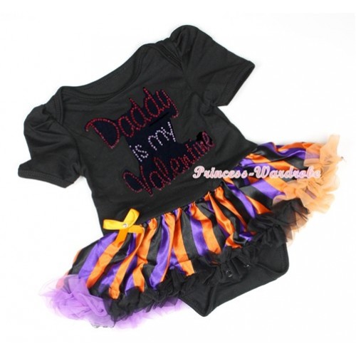 Valentine's Day Black Baby Bodysuit Jumpsuit Dark Purple Orange Black Striped Pettiskirt with Sparkle Crystal Bling Rhinestone Daddy is my Valentine Print JS2927 