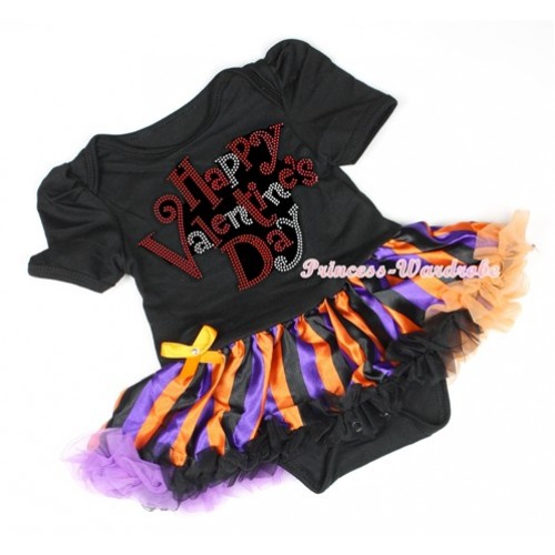 Valentine's Day Black Baby Bodysuit Jumpsuit Dark Purple Orange Black Striped Pettiskirt with Sparkle Crystal Bling Rhinestone Happy Valentine's Day Print JS2928 