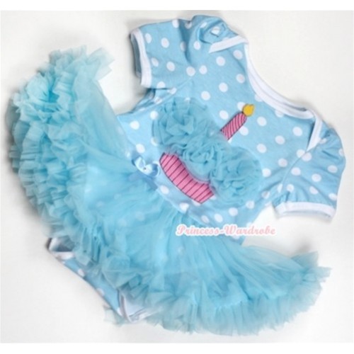 Light Blue White Polka Dots Baby Jumpsuit Light Blue Pettiskirt with Light Blue Rosettes Birthday Cake Print JS161 