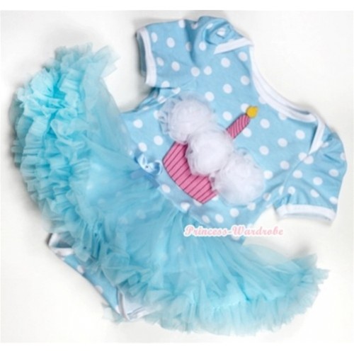 Light Blue White Polka Dots Baby Jumpsuit Light Blue Pettiskirt with White Rosettes Birthday Cake Print JS162 