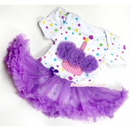 White Rainbow Polka Dots Baby Jumpsuit Dark Purple Pettiskirt with Dark Purple Rosettes Birthday Cake Print JS177 