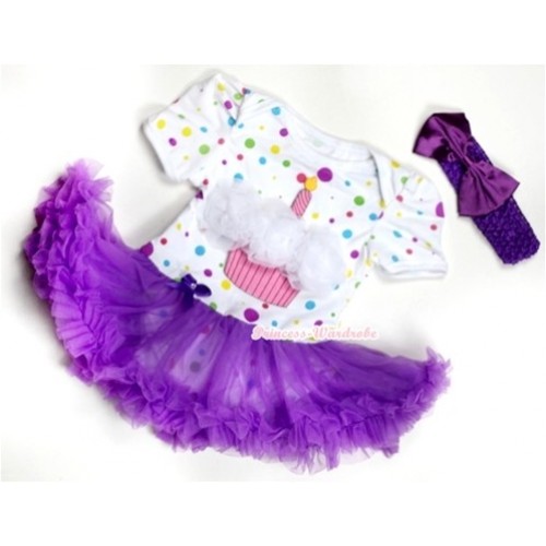 White Rainbow Polka Dots Baby Jumpsuit Dark Purple Pettiskirt With White Rosettes Birthday Cake Print With Dark Purple Headband Dark Purple Satin Bow JS201 