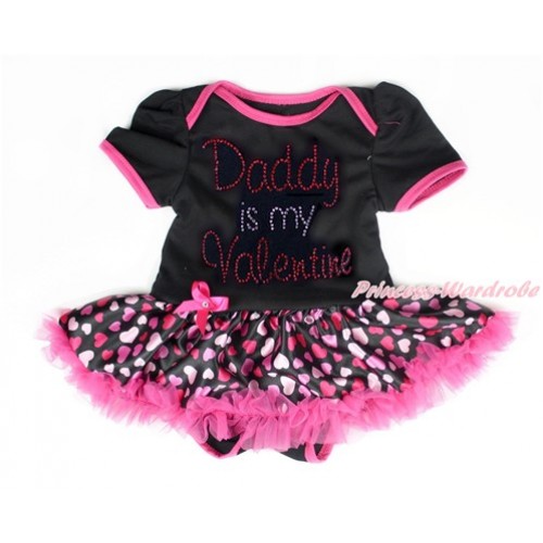 Valentine's Day Black Baby Bodysuit Jumpsuit Hot Light Pink Heart Pettiskirt with Sparkle Crystal Bling Rhinestone Daddy is my Valentine Print JS2980 