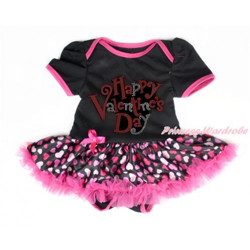 Valentine's Day Black Baby Bodysuit Jumpsuit Hot Light Pink Heart Pettiskirt with Sparkle Crystal Bling Rhinestone Happy Valentine's Day Print JS2981 