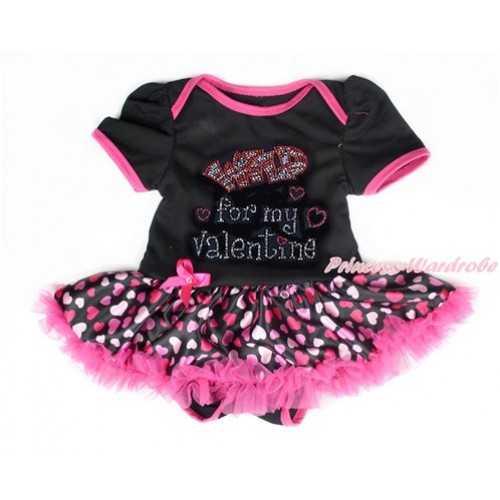 Valentine's Day Black Baby Bodysuit Jumpsuit Hot Light Pink Heart Pettiskirt with Sparkle Crystal Bling Rhinestone Wild for my Valentine Print JS2982 