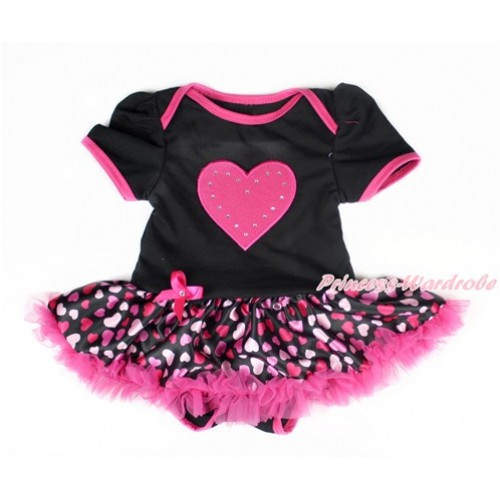 Valentine's Day Black Baby Bodysuit Jumpsuit Hot Light Pink Heart Pettiskirt with Hot Pink Heart Print JS2983 