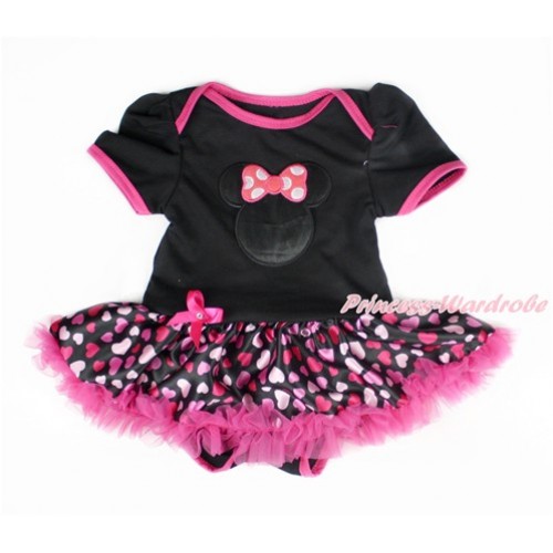 Valentine's Day Black Baby Bodysuit Jumpsuit Hot Light Pink Heart Pettiskirt with Hot Pink Minnie Print JS2985 