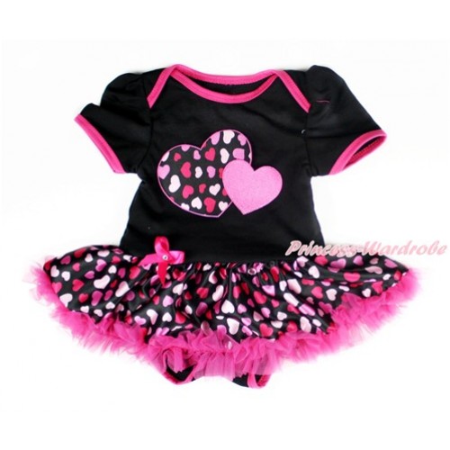 Valentine's Day Black Baby Bodysuit Jumpsuit Hot Light Pink Heart Pettiskirt with Hot Pink Sweet Twin Heart Print JS2986 