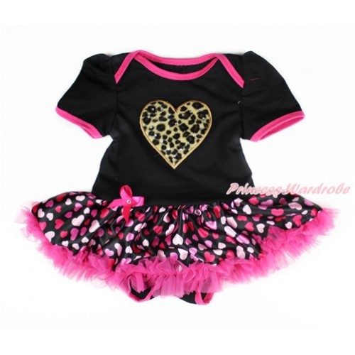 Valentine's Day Black Baby Bodysuit Jumpsuit Hot Light Pink Heart Pettiskirt with Leopaed Heart Print JS2987 